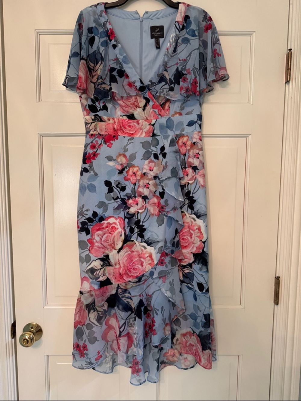 Adrianna Papell Light Blue Floral Wrap Midi Dress with Pink Roses